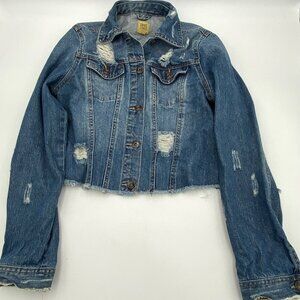 True Craft Cropped Jean Jacket Blue Denim Distressed Destroyed Womens Sz Medium